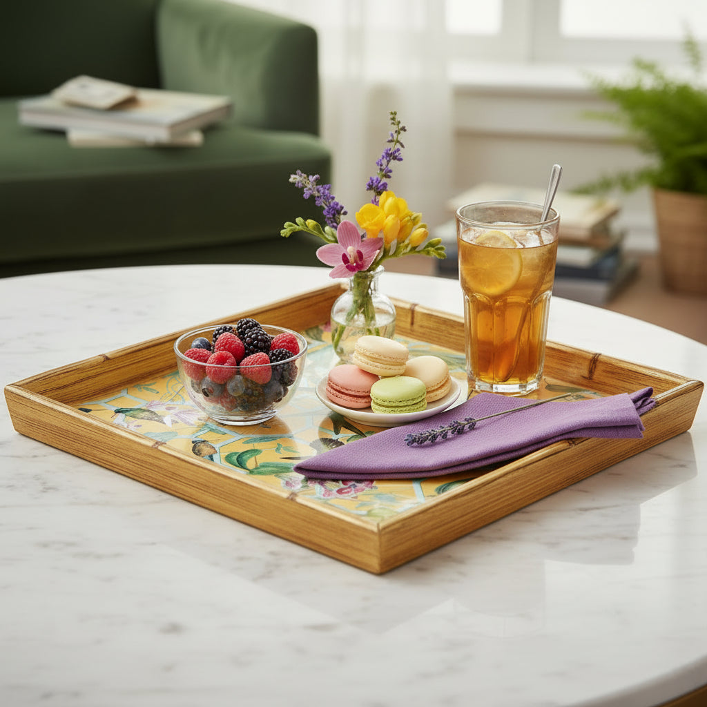 Hummingbird Trellis Gold Bamboo Edge Square Lacquer Tray