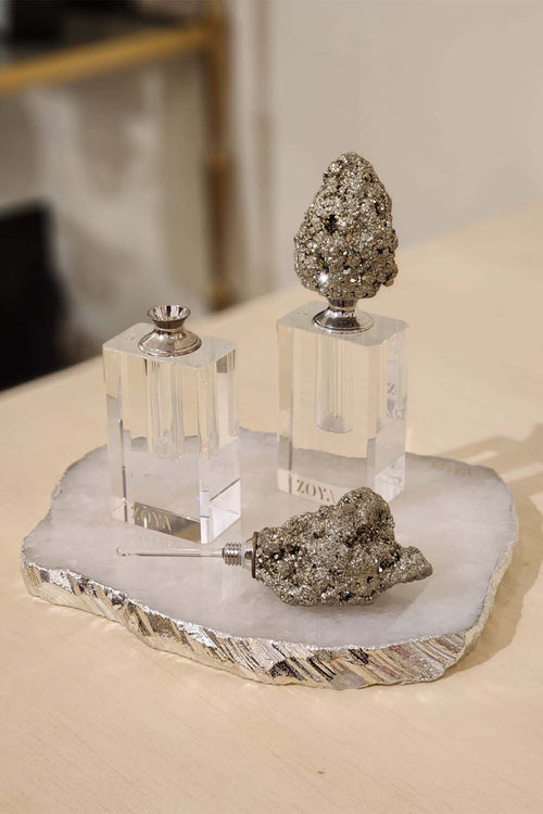 2 Pyrite Perfume Bottles on White Quartz Tray