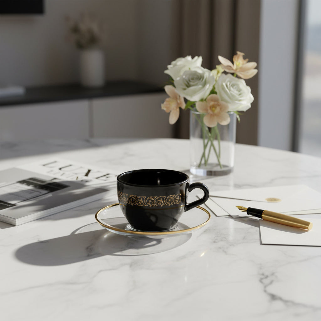 Dimlaj Touch Solo Set of 12 Pcs Coffee Cups and Saucers Gold and Black