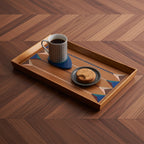 AYA VOA linear serving tray in solid walnut with mother-of-pearl inlay, front view