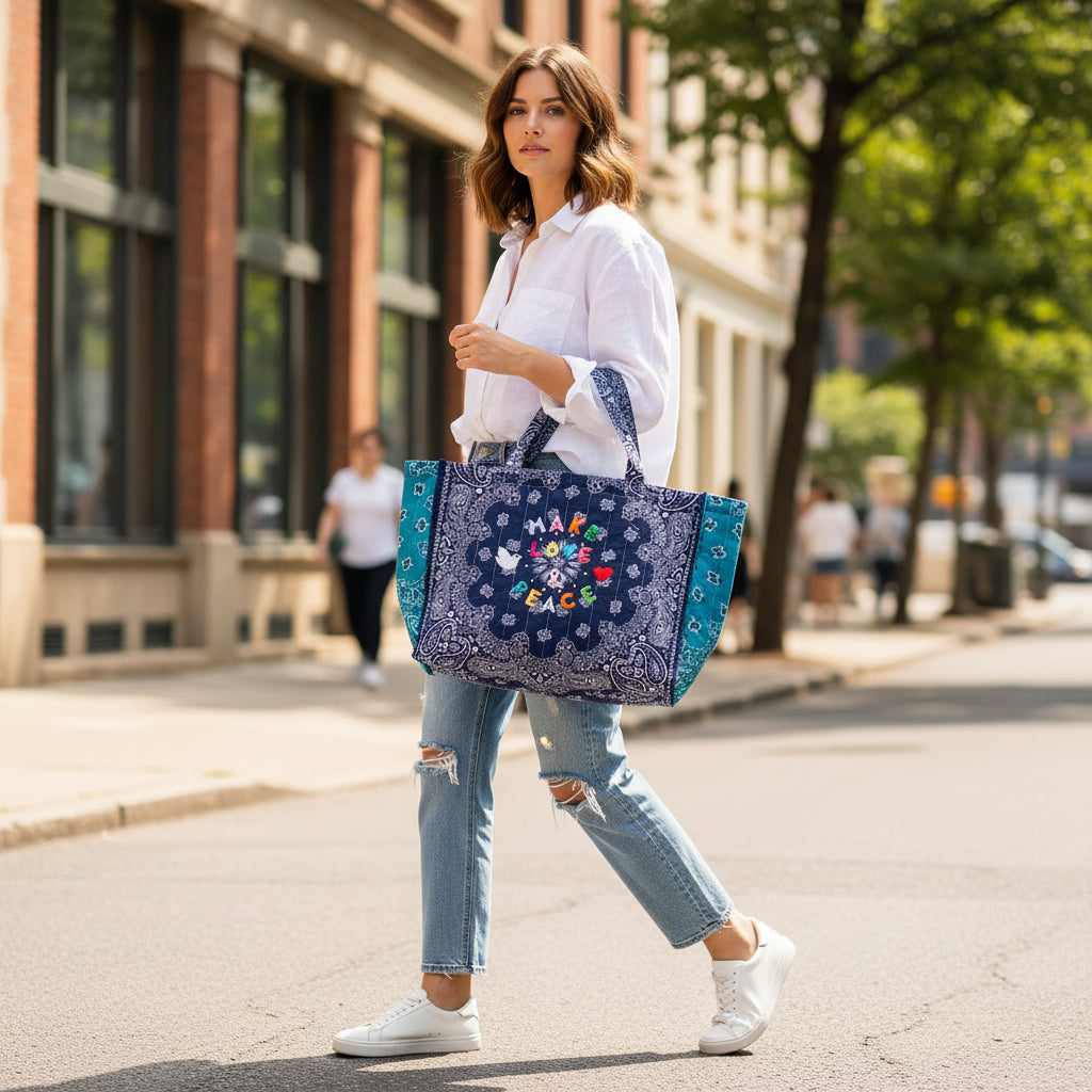 Call It Maxi Cabas Matelassé - Make Love & Peace Navy/ Pétrole Tote Bag
