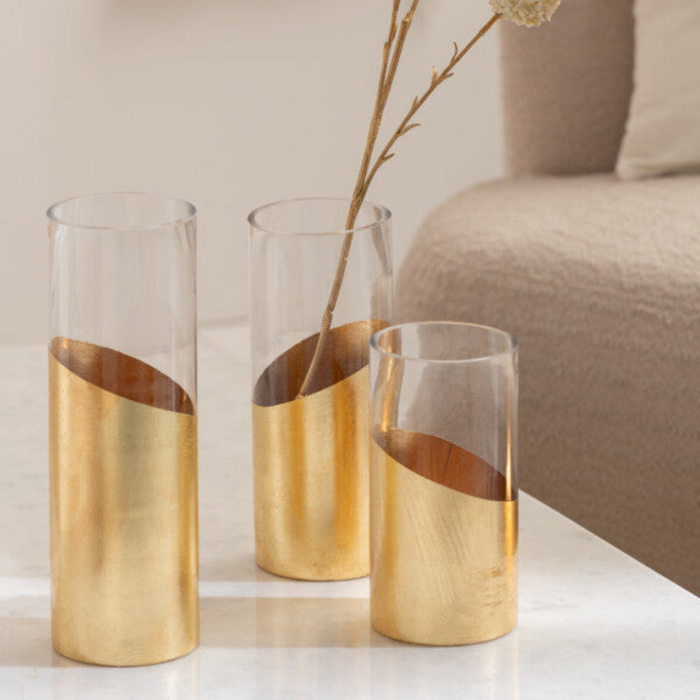 Moa Glass Hurricane Lantern – Transparent & Gold (Large)