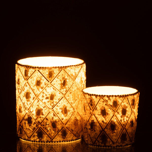 White & Gold Beaded Glass Tealight Holder – Large