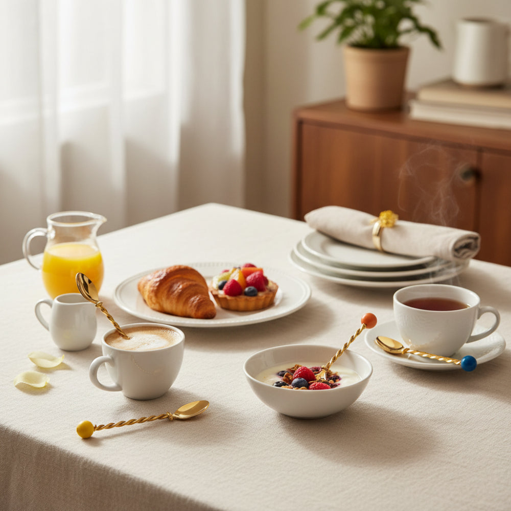 Set of 4 Torchon Dessert Spoons – Gold, 14 cm