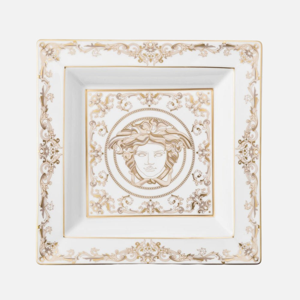 Medusa Gala Dish – White & Gold Porcelain Square Plate, 22 cm