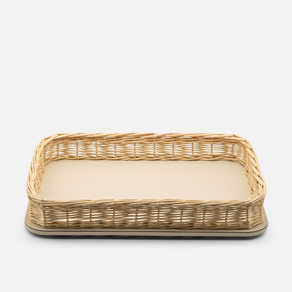 Orsay Ivory Leather & Rattan Rectangular Large Tray
