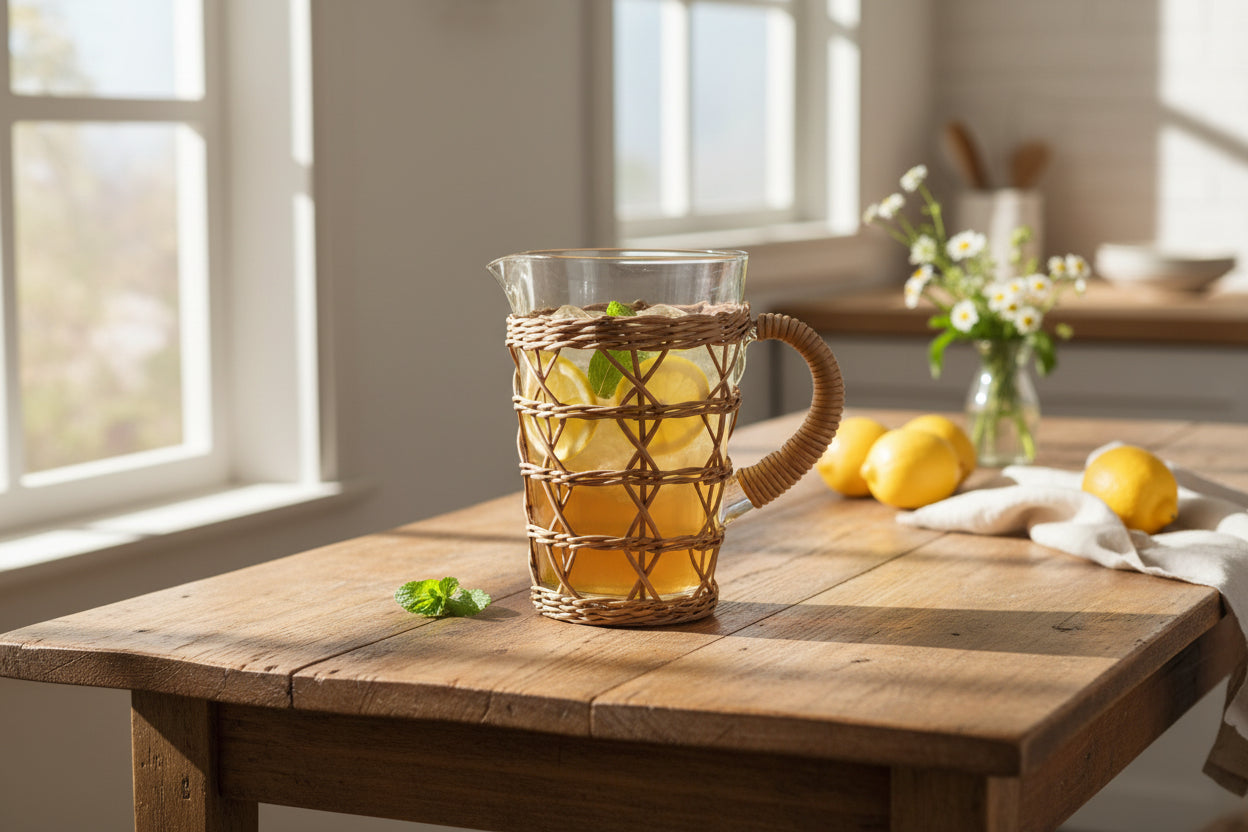 Seagrass Rattan Cage Pitcher – Handwoven Glass