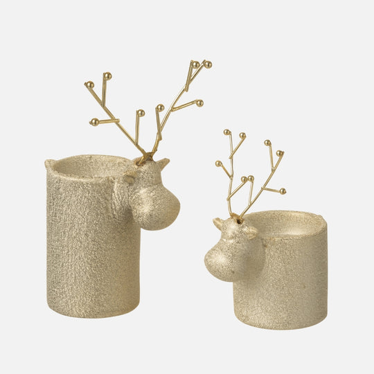 Set of 2 Reindeer Tealight Holders – White/Gold Porcelain