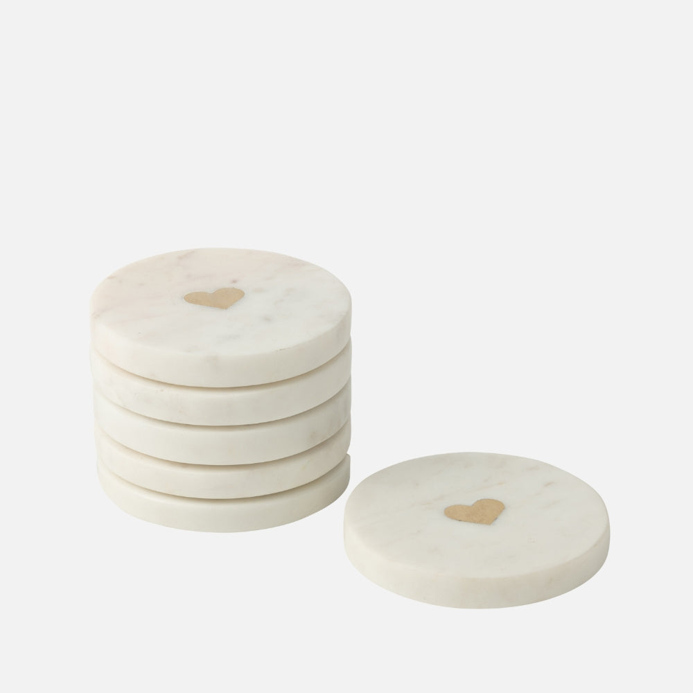Set of 6 Heart Marble Coasters – White
