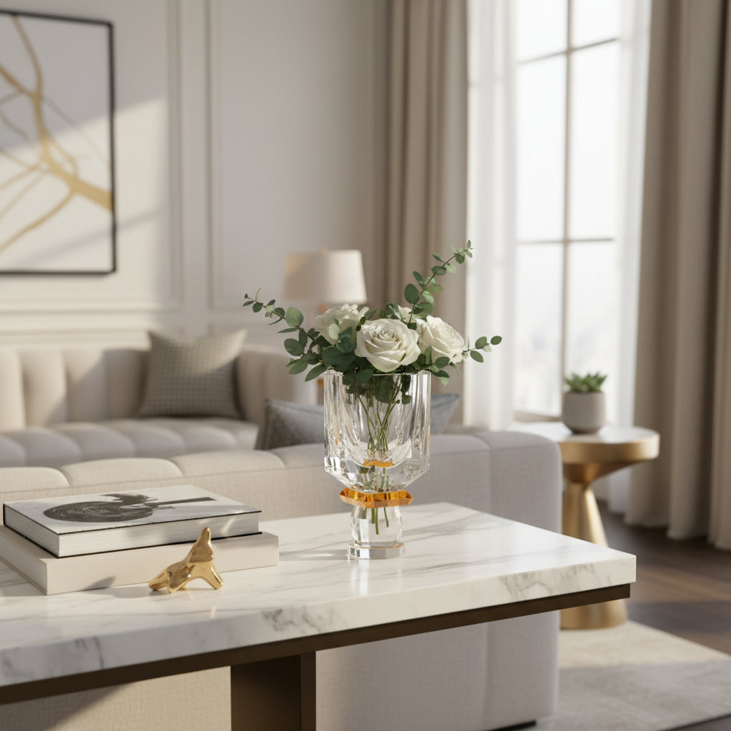 Abhika Crissy Crystal Vase, 25cm, styled in a room setting 2