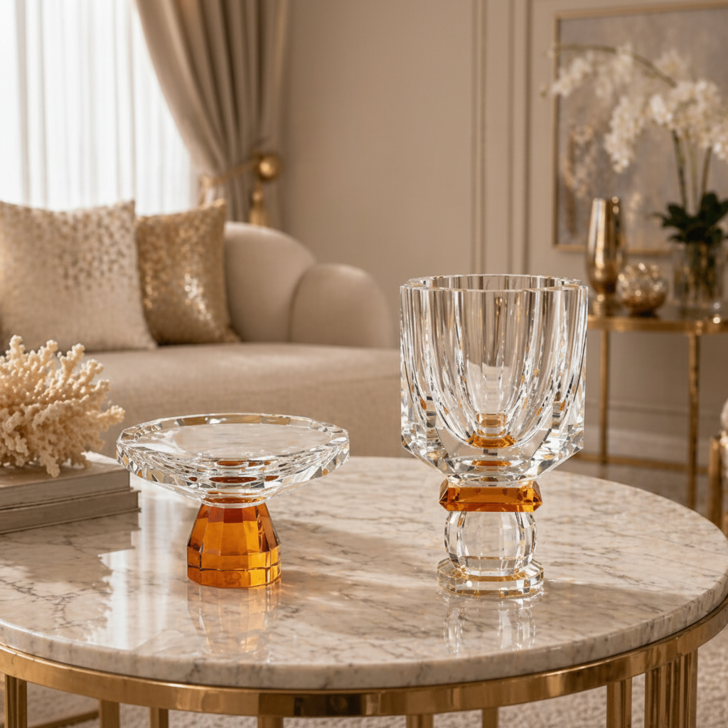 Abhika Crissy Crystal Vase, 25cm, styled in a room setting