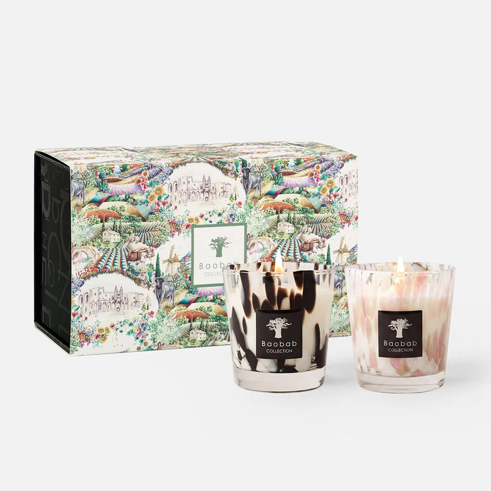 Baobab Collection Black and White Pearls candle duo gift set, two 190g candles, front view