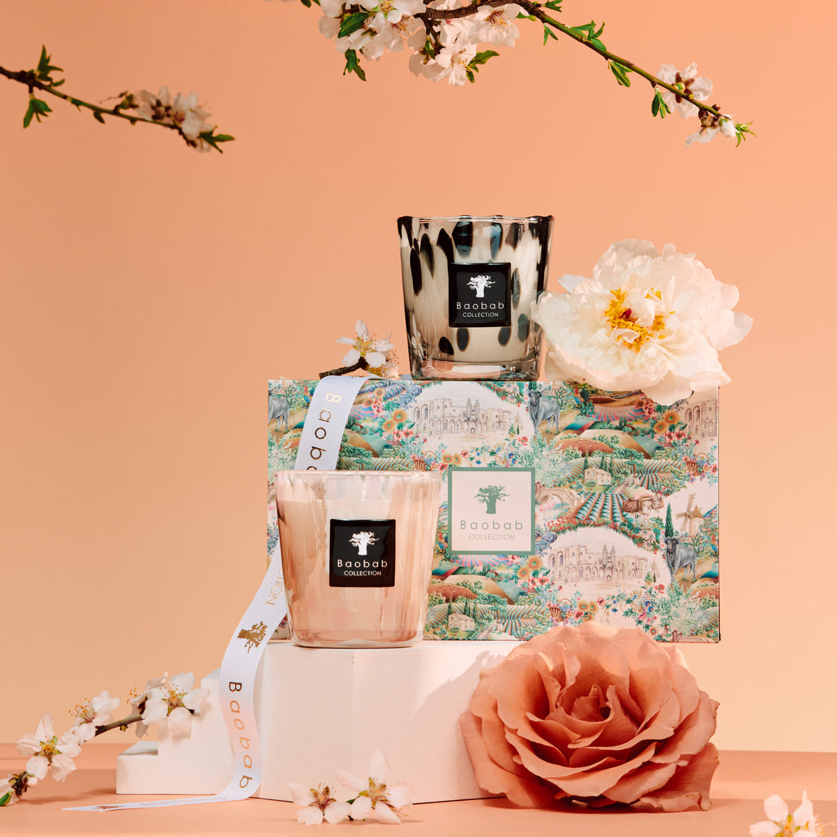 Baobab Collection Black and White Pearls candle duo gift set, two 190g candles, styled in a room setting