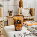 Baobab Collection Cuir de Russie 5-wick scented candle in mouth-blown glass, 3kg, styled in a room setting 2