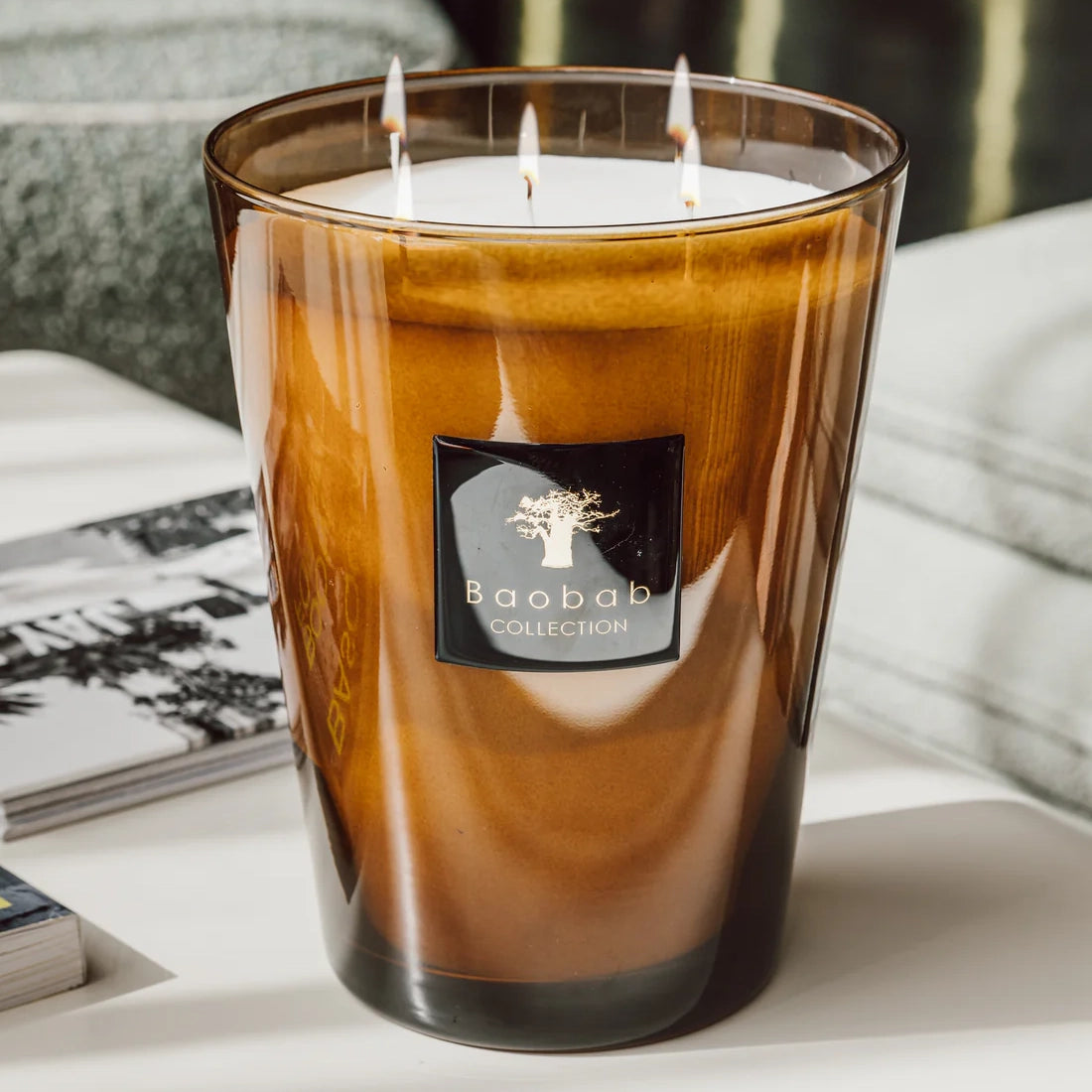 Baobab Collection Cuir de Russie 5-wick scented candle in mouth-blown glass, 3kg, styled in a room setting
