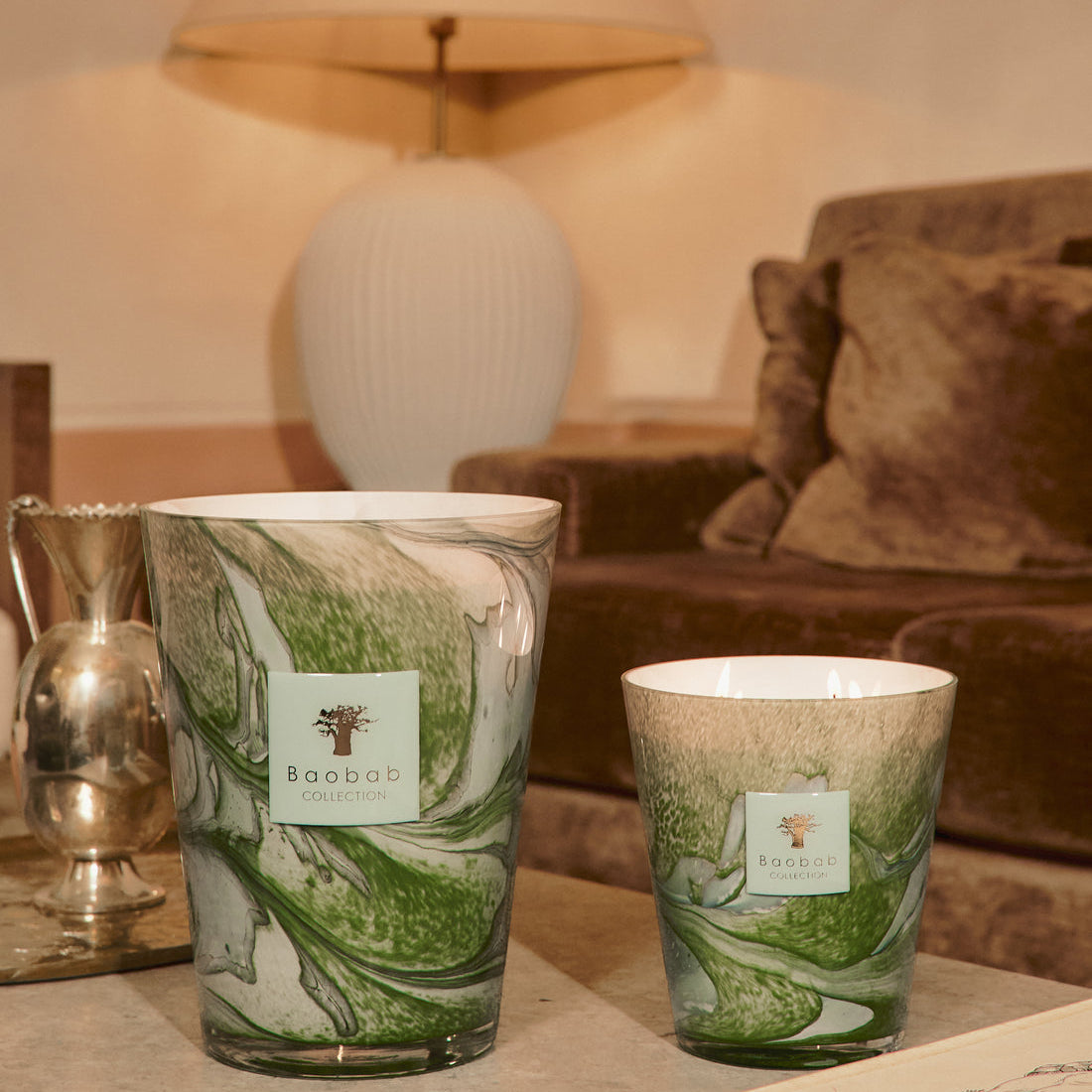 Baobab Collection Leaves Marius 4-wick scented candle in mouth-blown glass, 1.1kg, styled in a room setting 3
