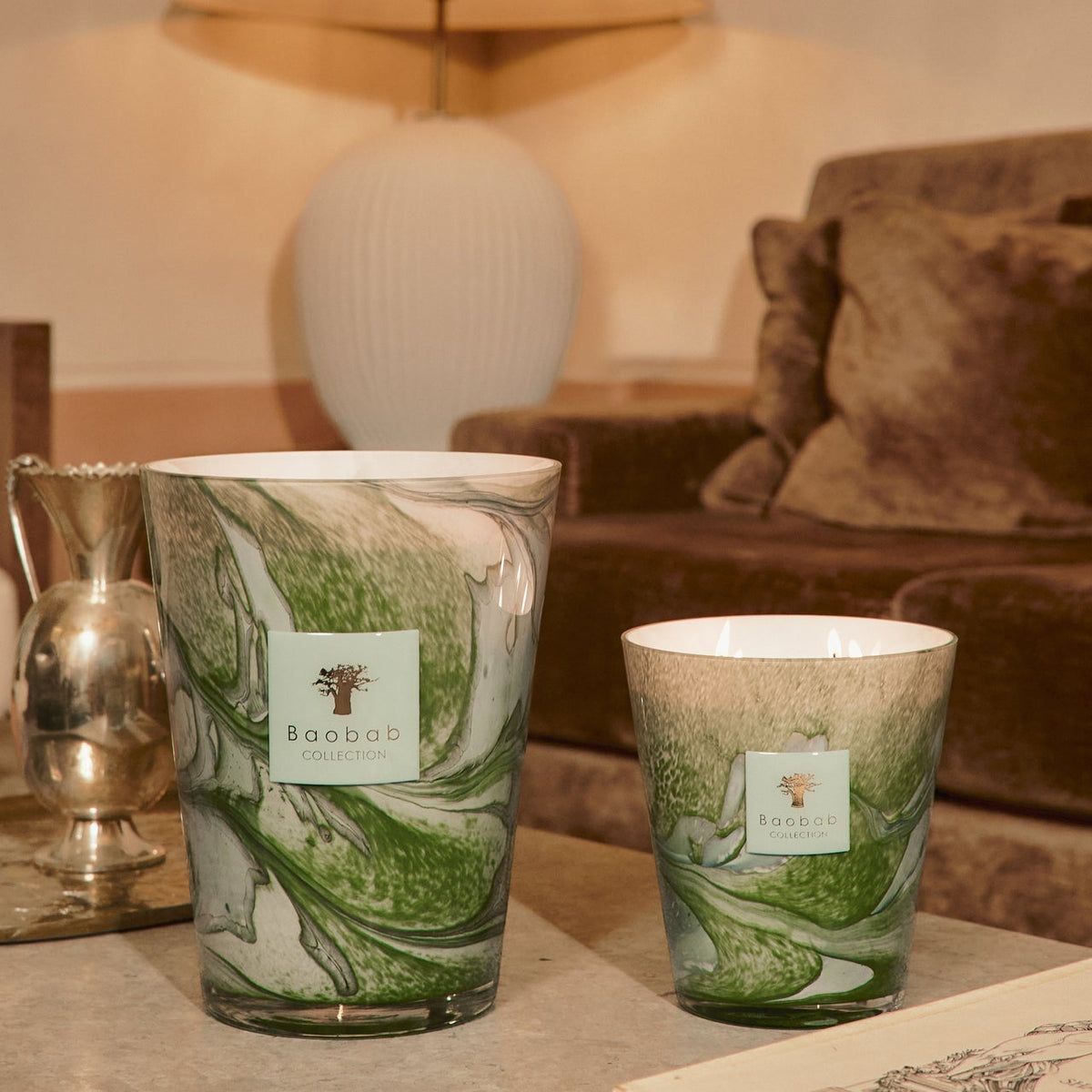Baobab Collection Leaves Marius 7-wick scented candle in mouth-blown glass, 6.5kg, styled in a room setting 2