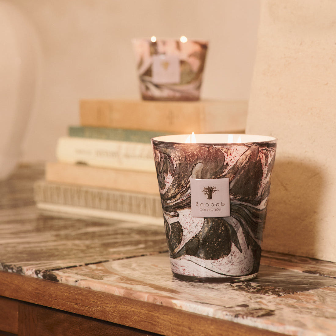 Baobab Collection Manon 4-wick scented candle in mouth-blown glass, 1.1kg, styled in a room setting