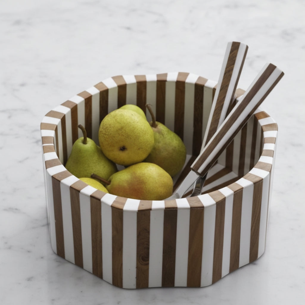 Be Home Lyra acacia wood inlay bowl in brown and white, 30cm, styled in a room setting