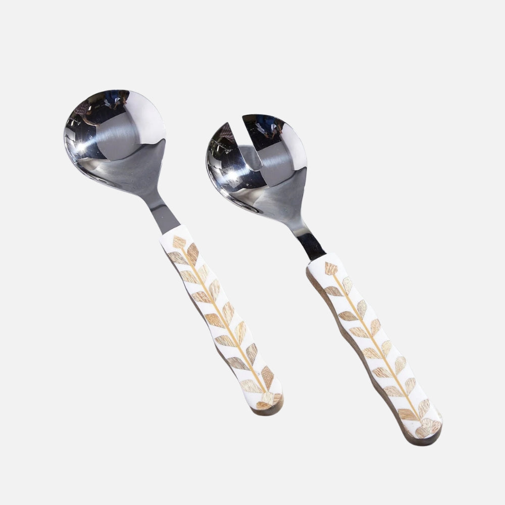 Be Home Mya inlay salad serving set in stainless steel, front view