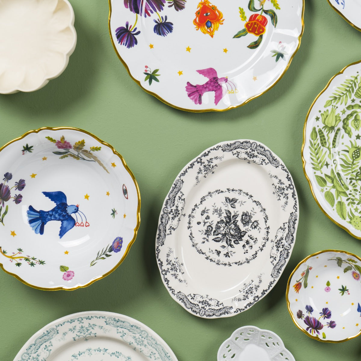 Bitossi Home Fabula decorated porcelain salad bowl, 26cm, styled in a table setting