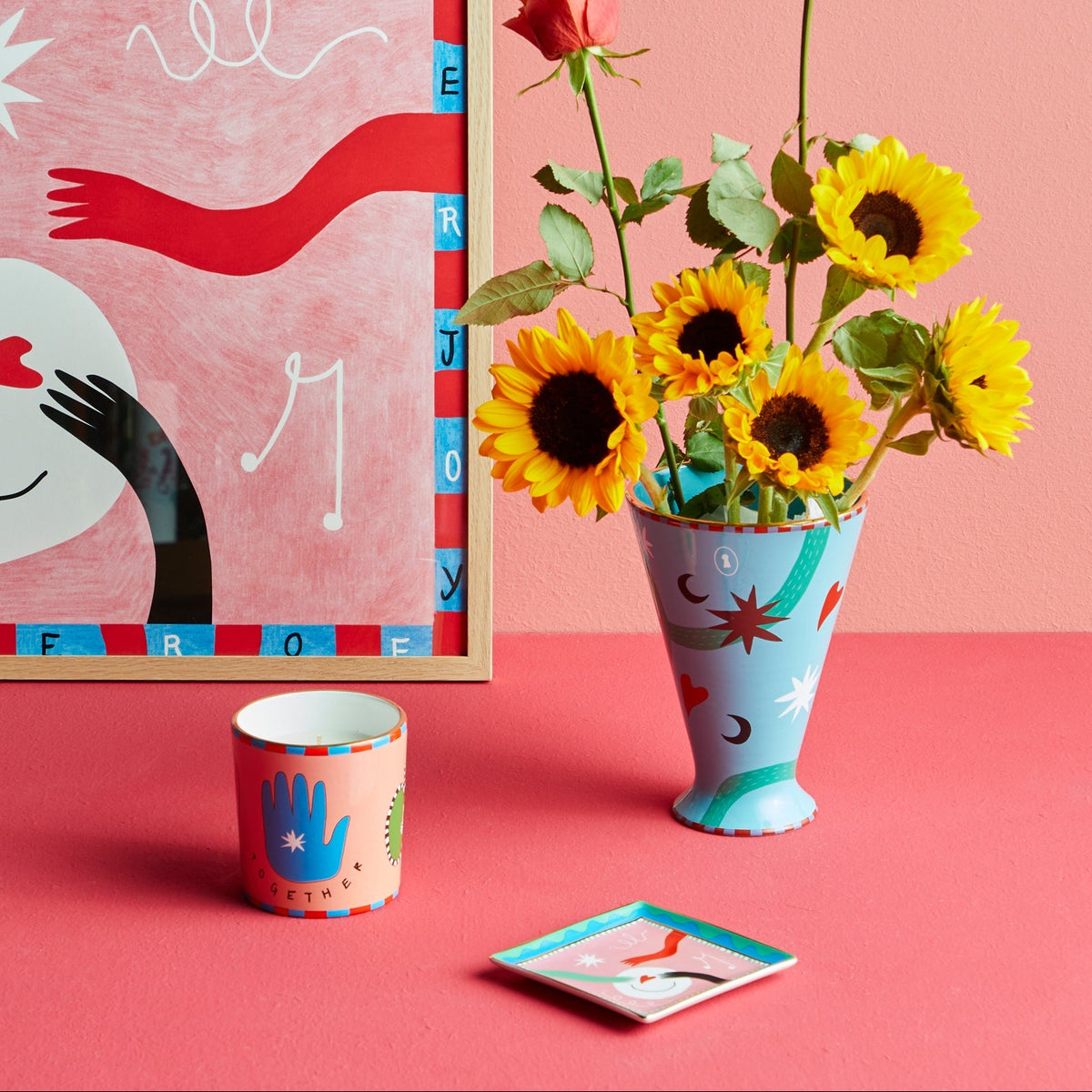 Bitossi Home Joy scented candle in a pink porcelain container, 10.3cm, styled in a table setting