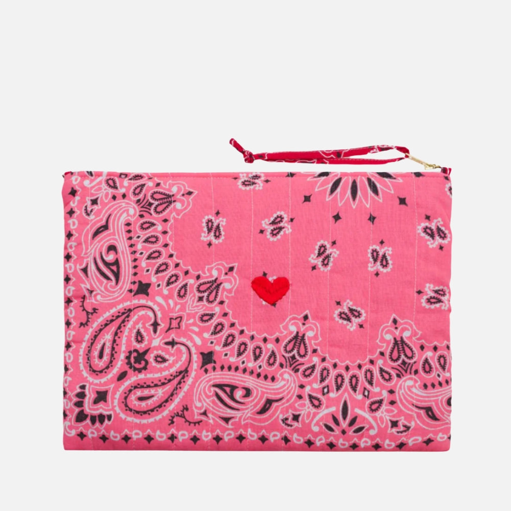 Call It By Your Name Coeur quilted zip pochette in strawberry pink with red heart motif, front view