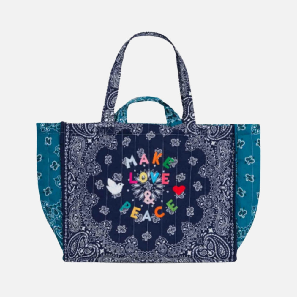 Call It By Your Name Make Love and Peace Maxi Cabas quilted tote in navy and petrol blue, front view
