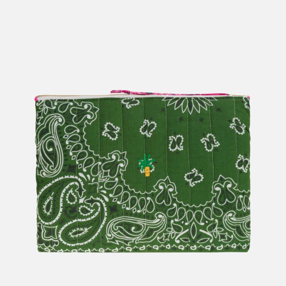 Call It By Your Name Palmier quilted zip pochette in green with fuchsia palm motif, front view