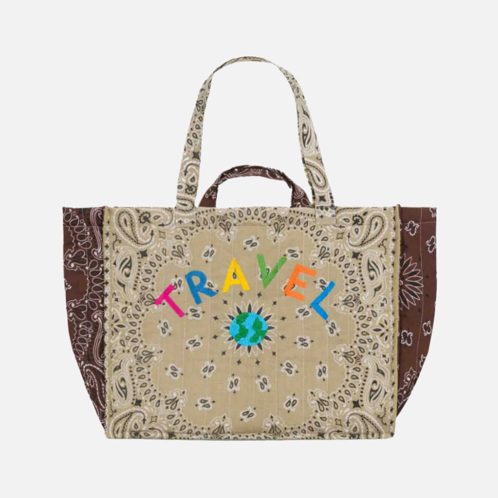 Call It By Your Name Travel Mapmonde Maxi Cabas quilted tote in beige and brown, front view