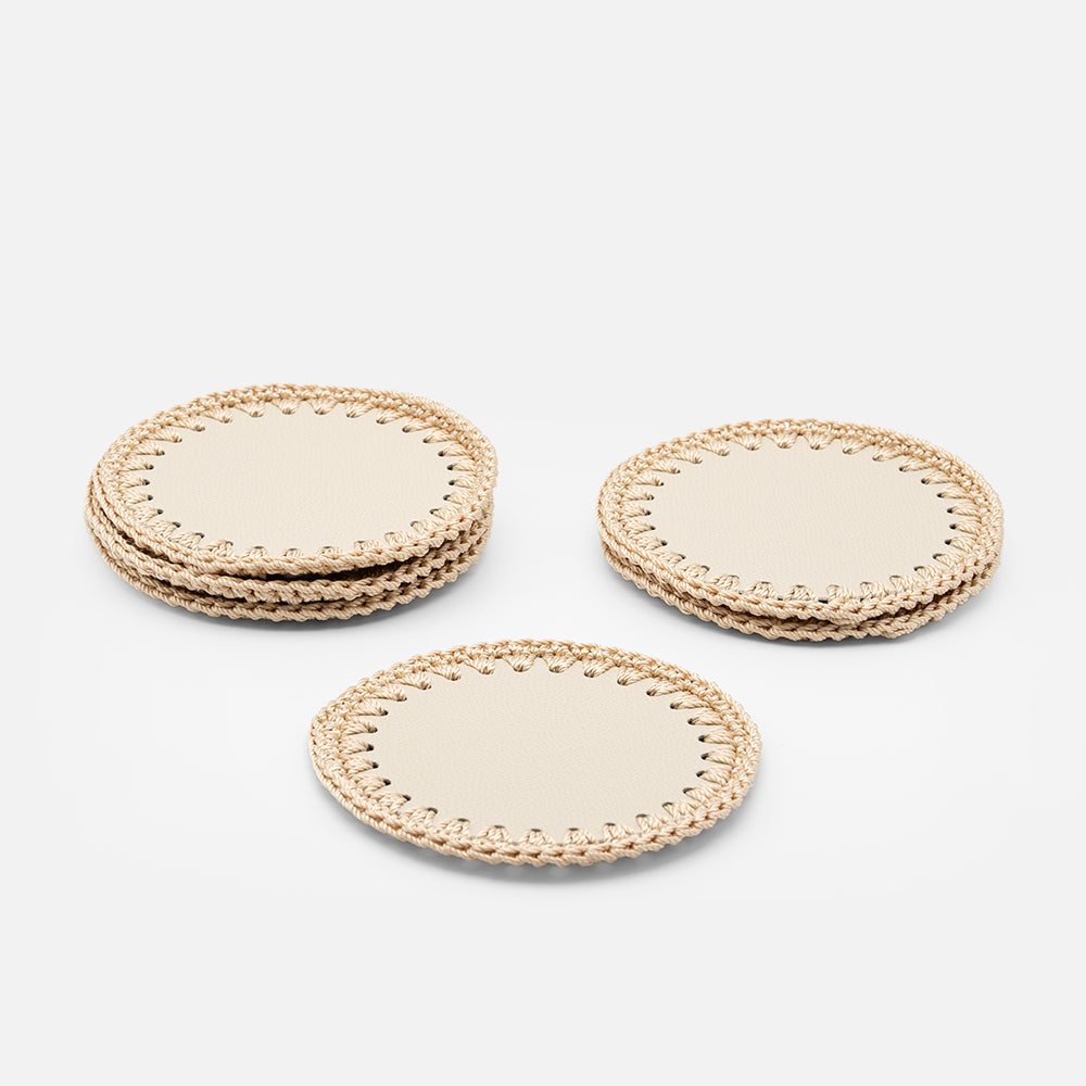 Rochelle Leather & Crochet Coaster, Ivory, Set of 6