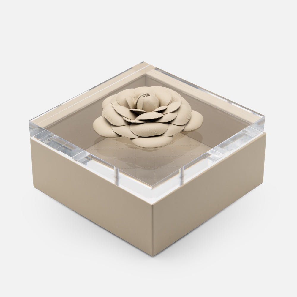Riviere Fleur Camellia Diamonds Square Box, Ivory, 17x17cm, front view