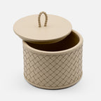 Riviere Jana Handwoven Leather Round Box, 12cm, Ivory, shown open