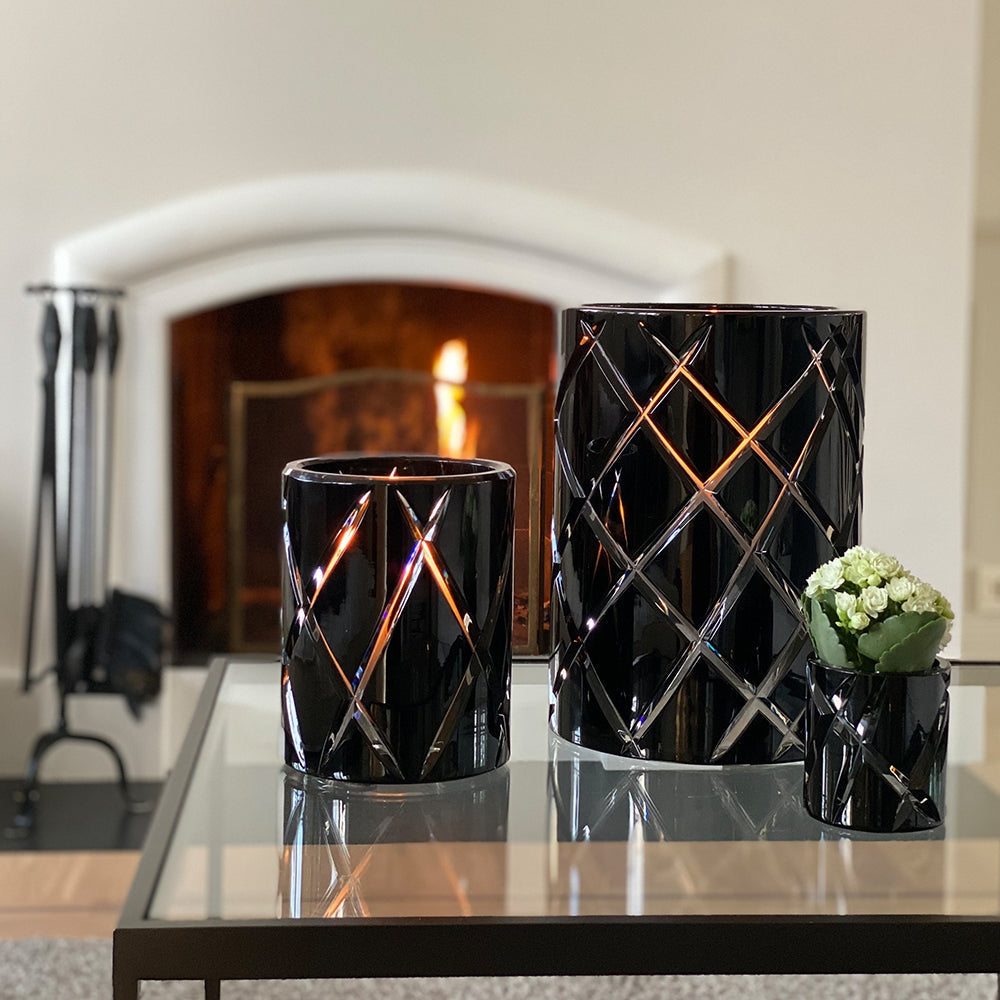 Skogsberg & Smart Classic Crystal Hurricane Lamp, Black, Medium, styled in a room setting 3