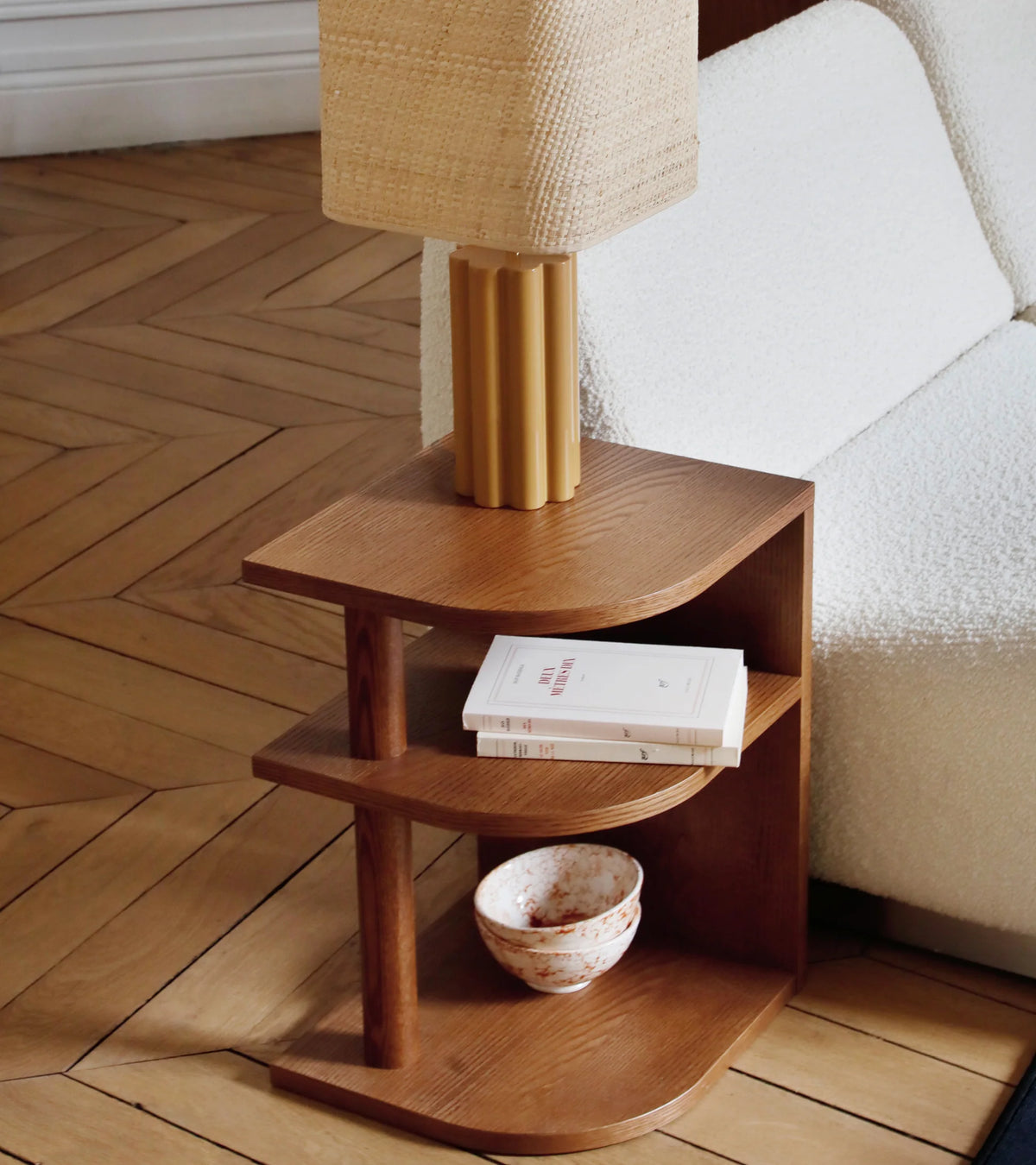 The Socialite Family side table in ash wood with iroko finish, 50cm, side view