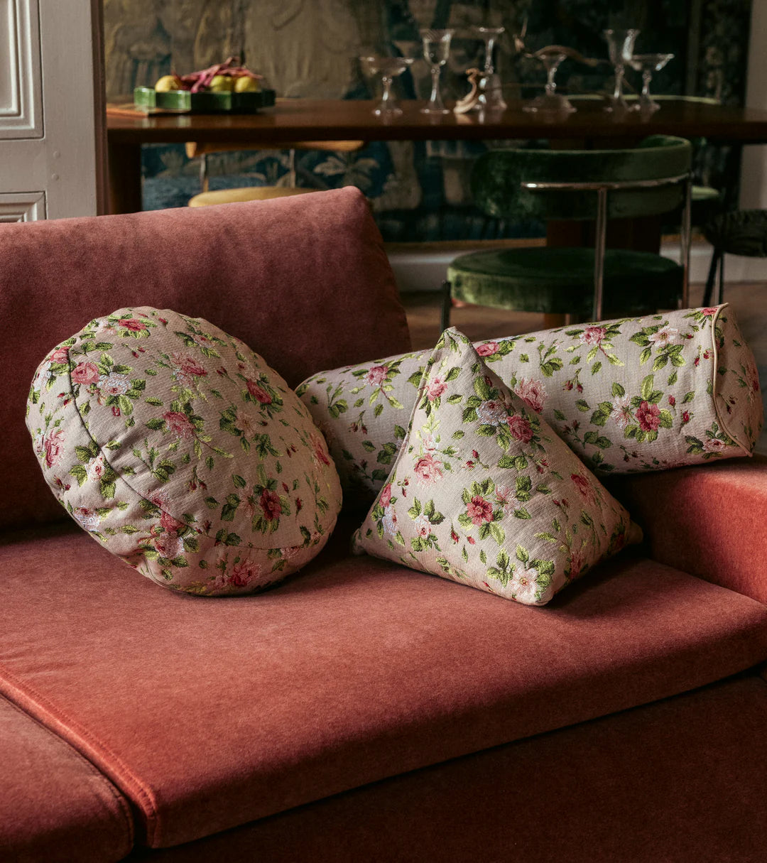 The Socialite Family Divino Marie-Antoinette tapestry pyramid cushion, 30x30cm, styled in a room setting 2