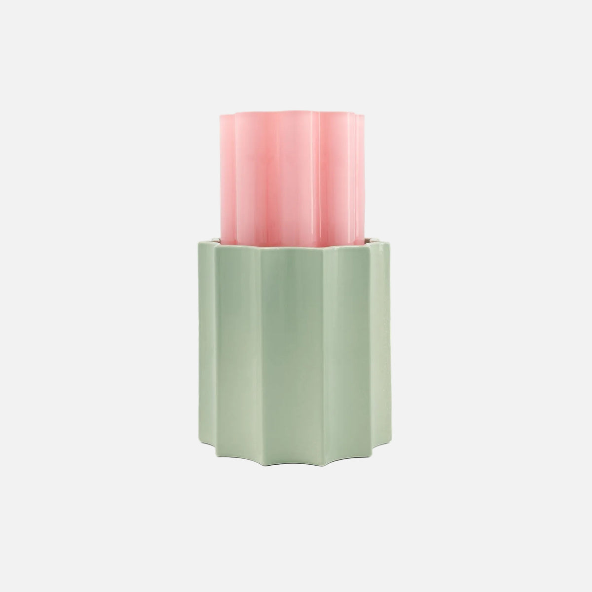 The Socialite Family Duetto vase in candy pink ceramic and almond green glass, 28cm, front view