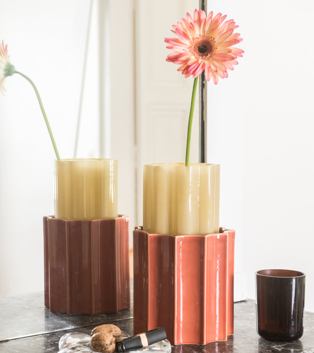 The Socialite Family Duetto vase in amber yellow glass and terracotta ceramic, 28cm, styled in a room setting