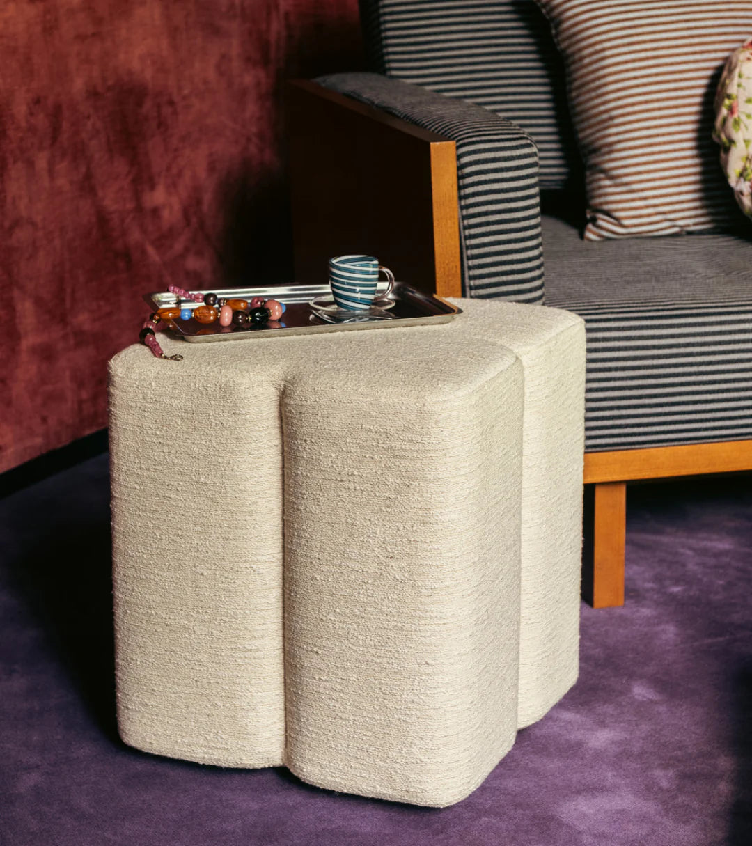The Socialite Family Fiori modular stool in cream woven fabric, 43cm, styled in a room setting 2