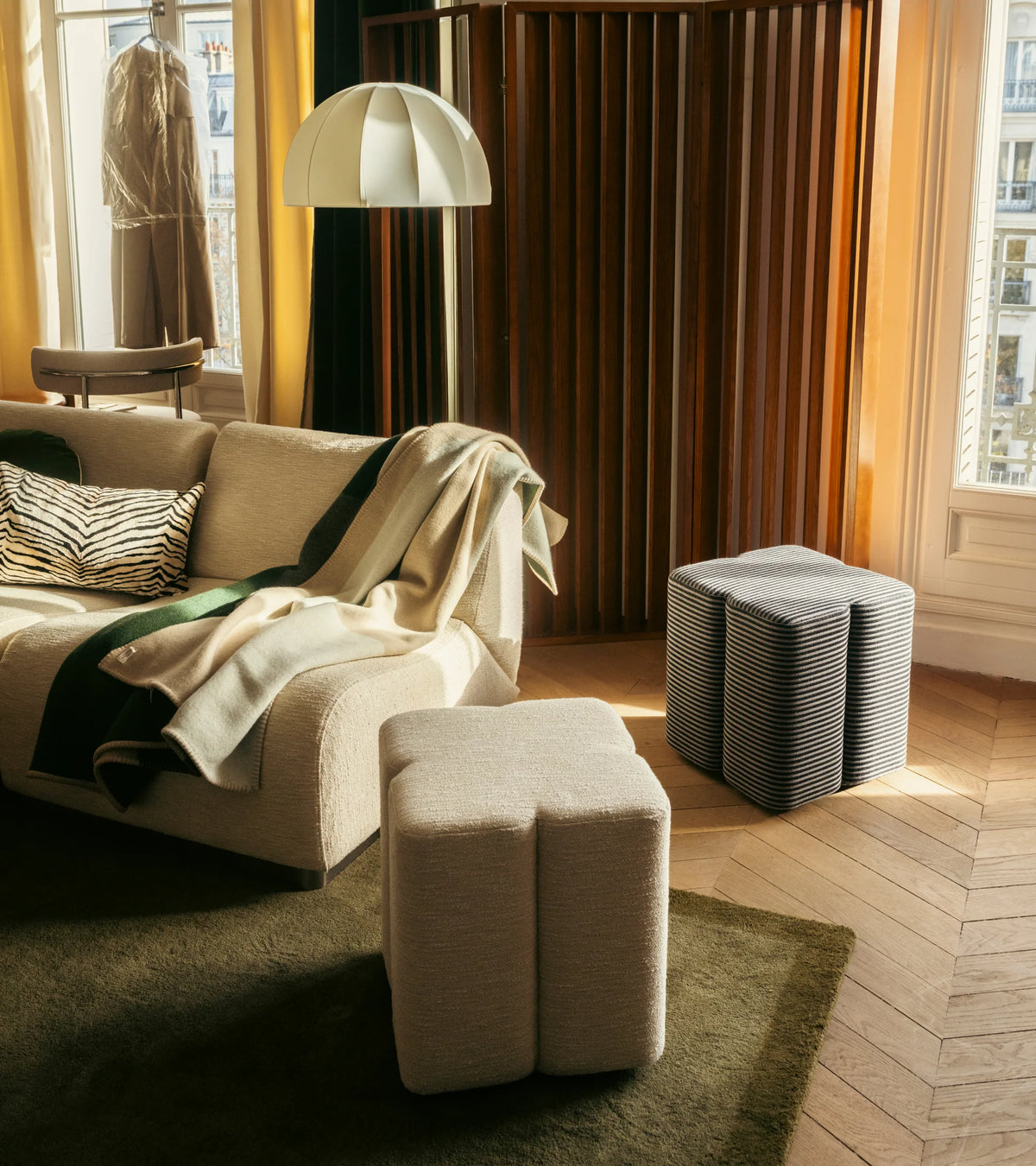 The Socialite Family Fiori modular stool in cream woven fabric, 43cm, styled in a room setting