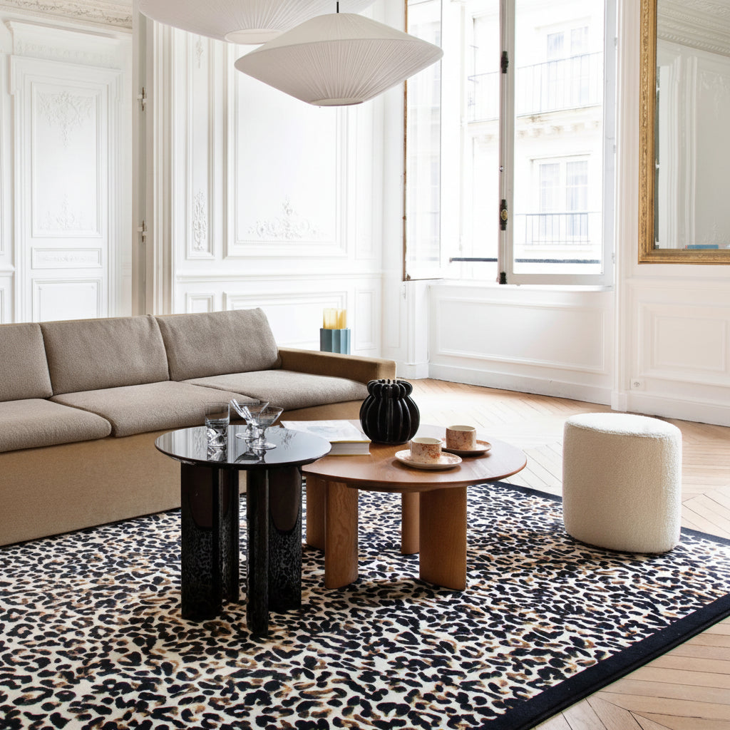 The Socialite Family Leopardo rug in leopard print, 150x200cm, styled in a room setting 3