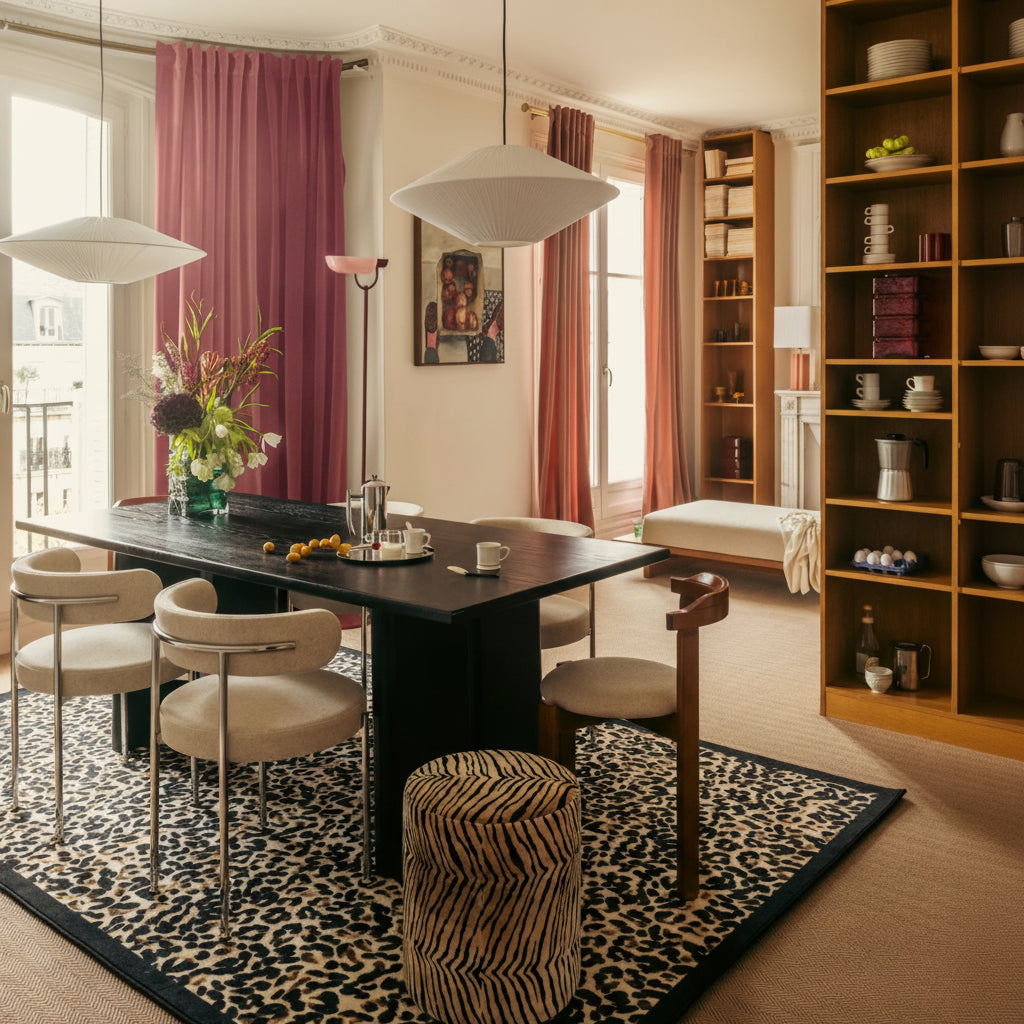 The Socialite Family Leopardo rug in leopard print, 150x200cm, styled in a room setting