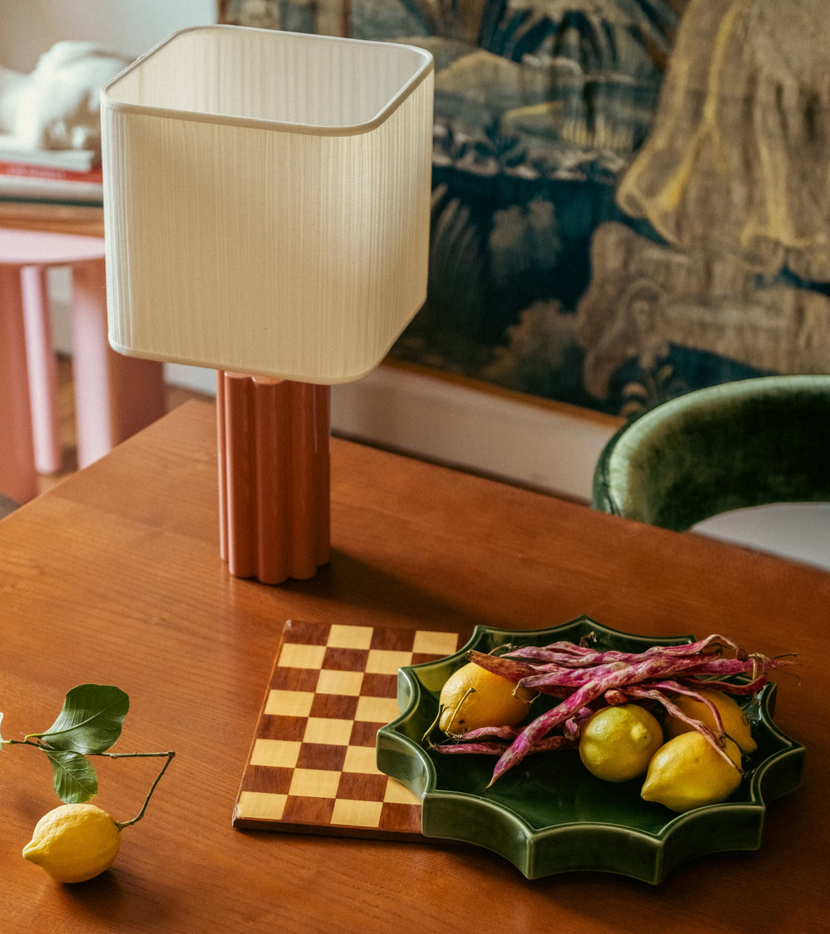 The Socialite Family Tasca décor tray in dark green glazed ceramic, 34cm, styled in a room setting 2