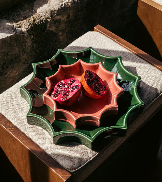 The Socialite Family Tasca décor tray in dark green glazed ceramic, 34cm, styled in a room setting