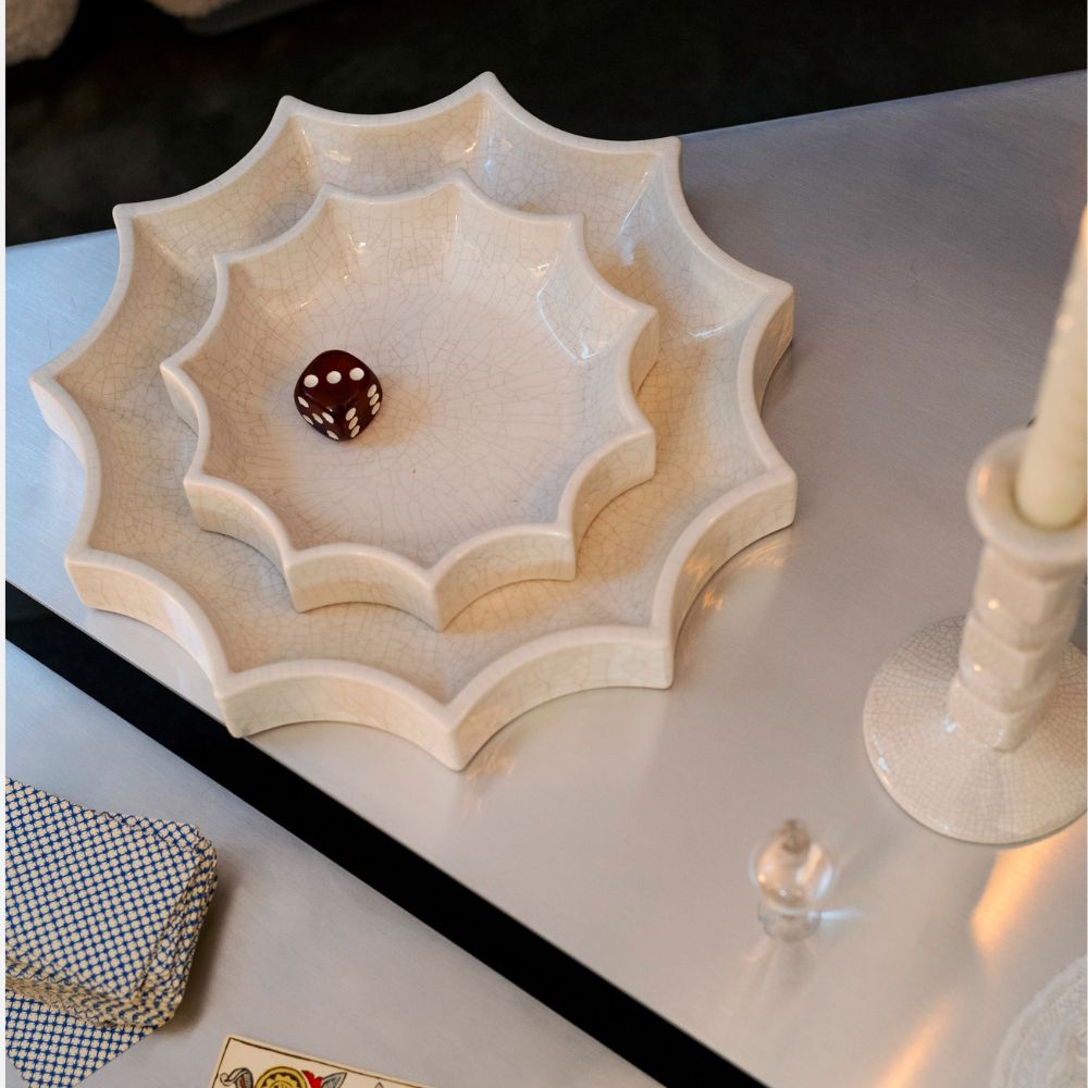 The Socialite Family Tasca décor tray in white crackle-glazed ceramic, 22cm, styled in a room setting 2
