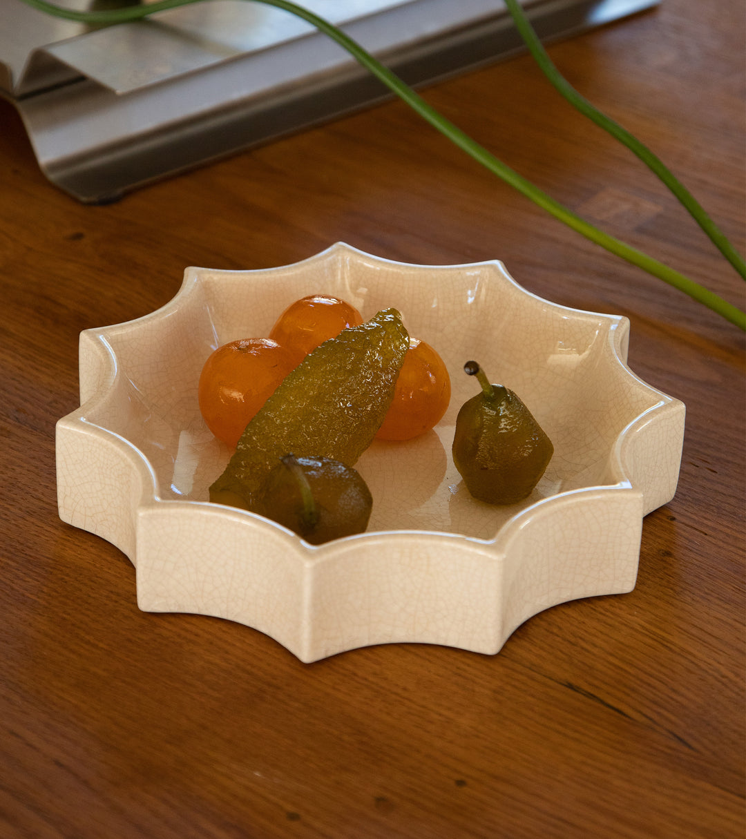The Socialite Family Tasca décor tray in white crackle-glazed ceramic, 22cm, styled in a room setting