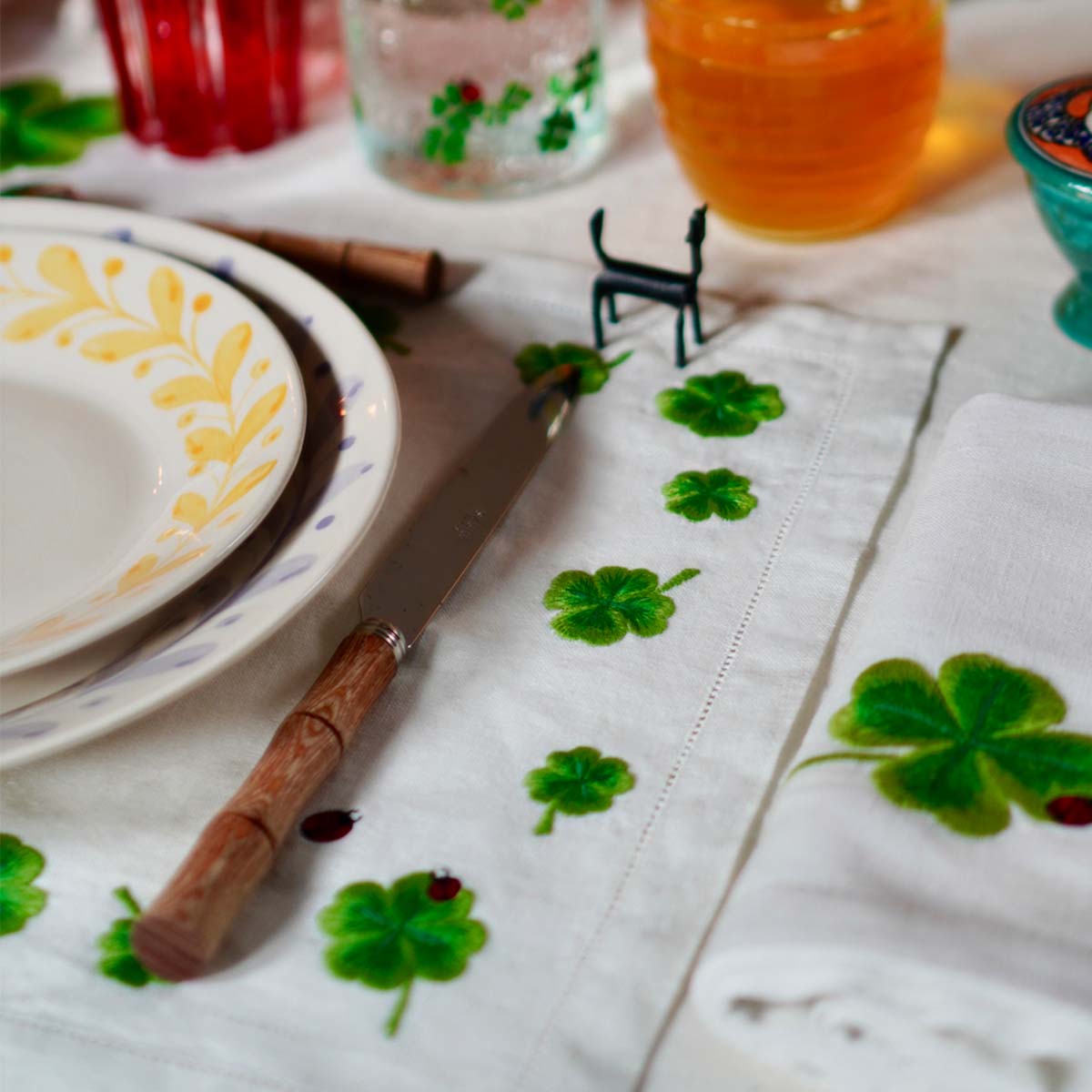 Waww La Table Lucky Clover white linen placemats by Aurélie Bidermann, set of four, styled on a table setting