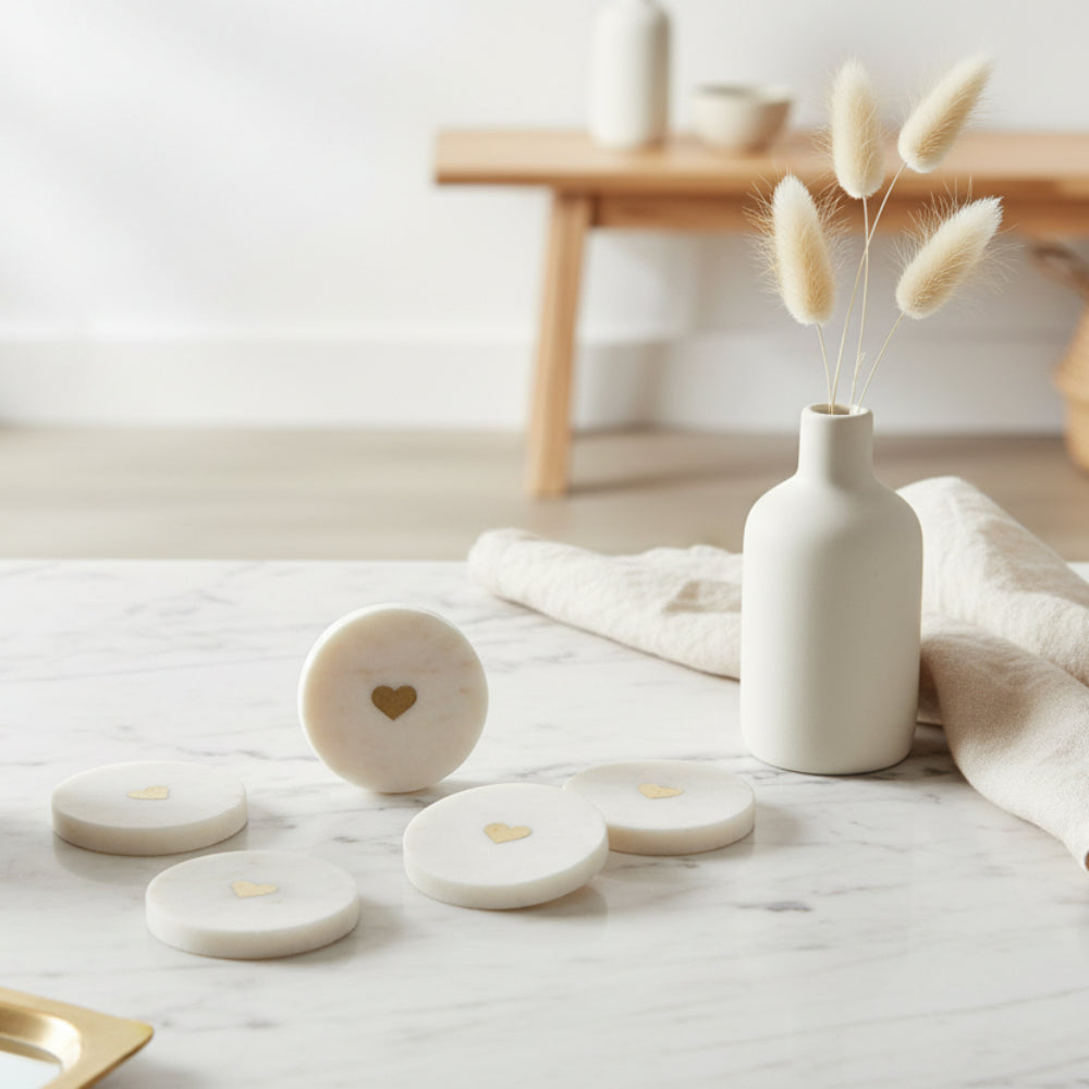 Set of 6 Heart Marble Coasters – White