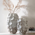 Abstract Waves Porcelain Vase – Large Beige Sculptural Accent