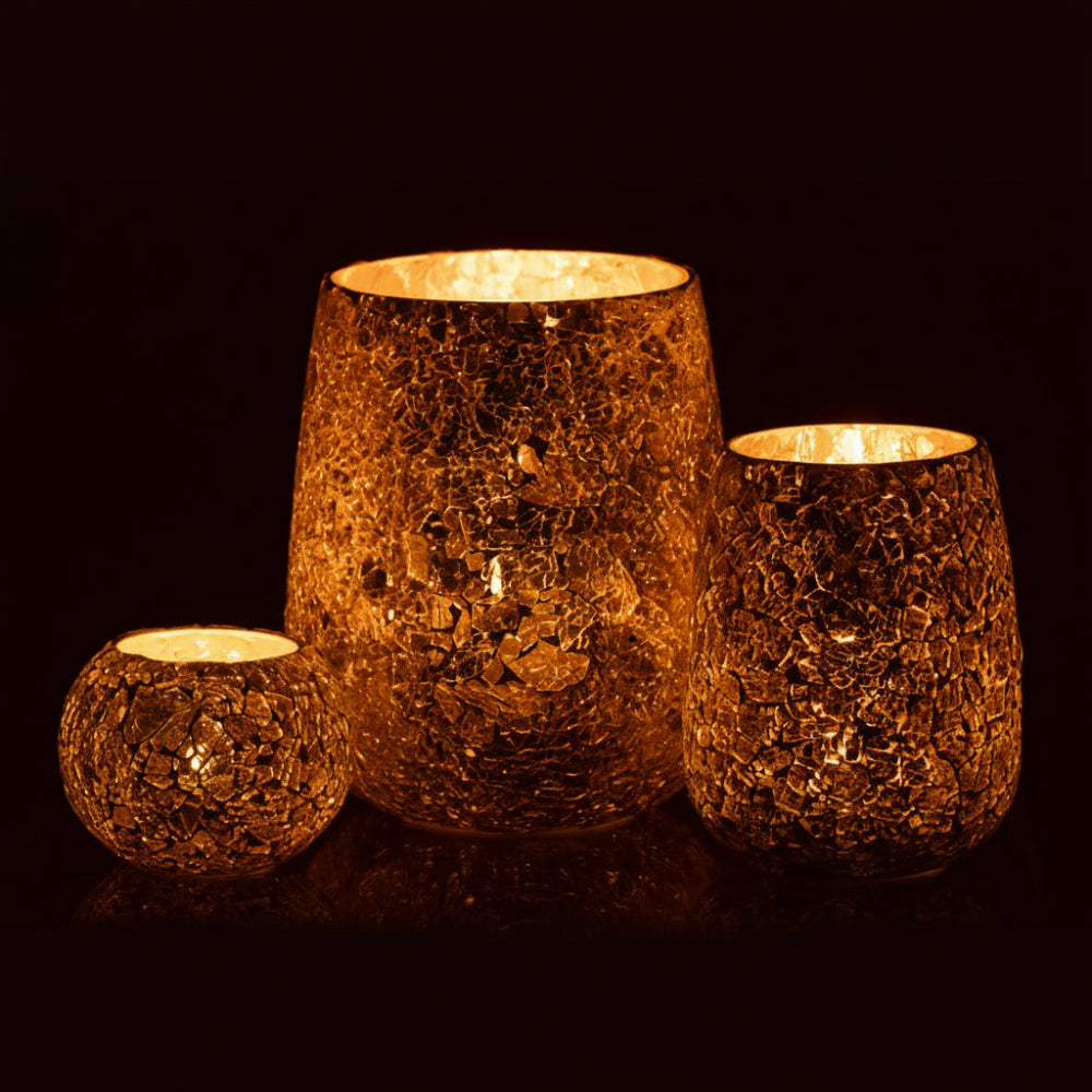 Tall Crackled Glass Candle Holder – Gold Decorative Lantern